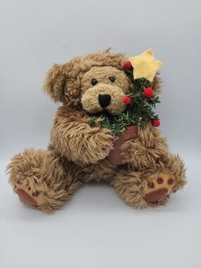 Holiday Stuffed Teddy Bear Holding Christmas Tree in Terracotta Pot Fluffy Bear